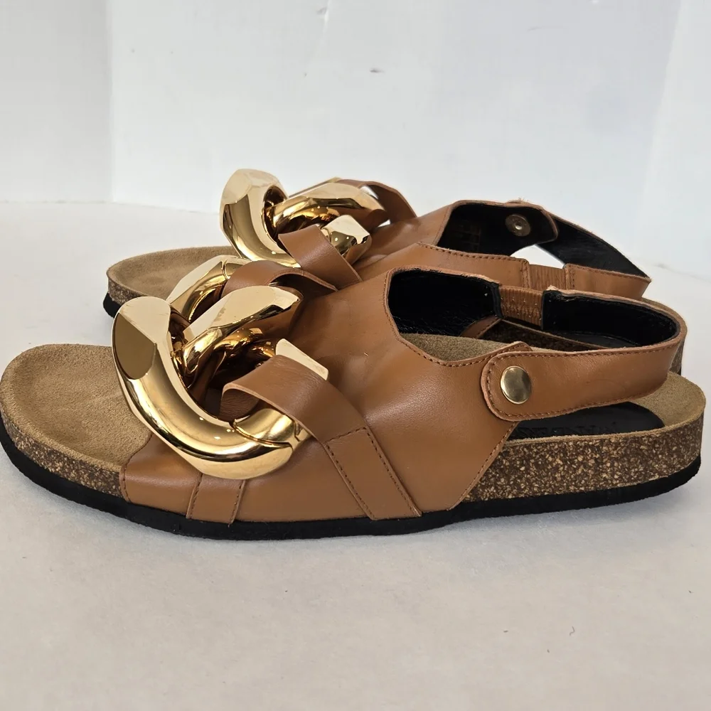 J.W. Anderson Brown Leather Gold Chain - Link Sandals